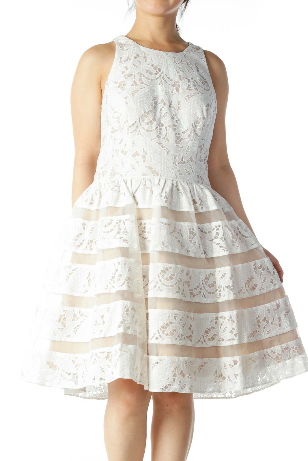White and Nude Lace Tea Dress Front