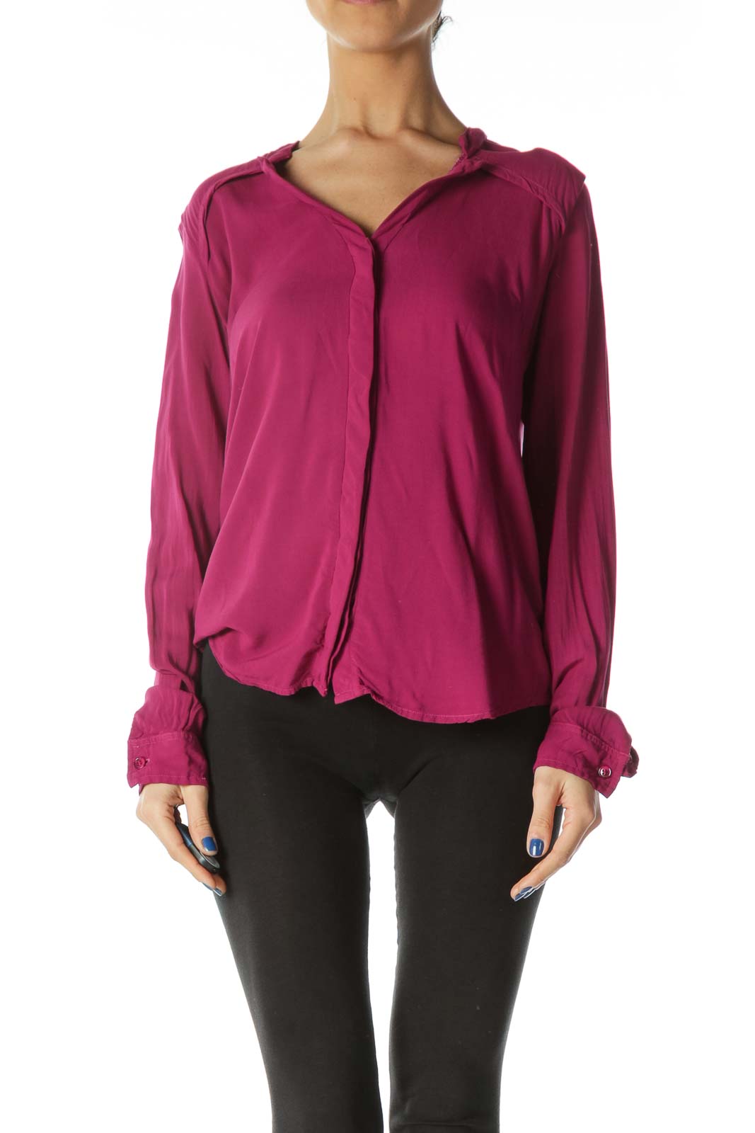 Pink V-Neck Buttoned Mixed Media Blouse Front