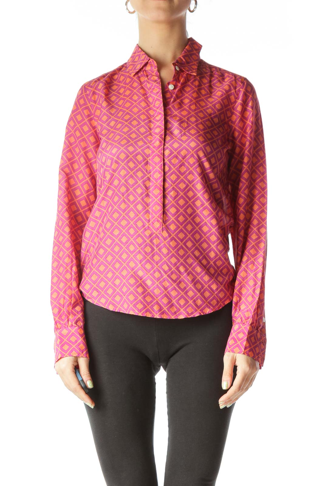 Pink Orange Silk and Cotton Geometric Print Shirt Front