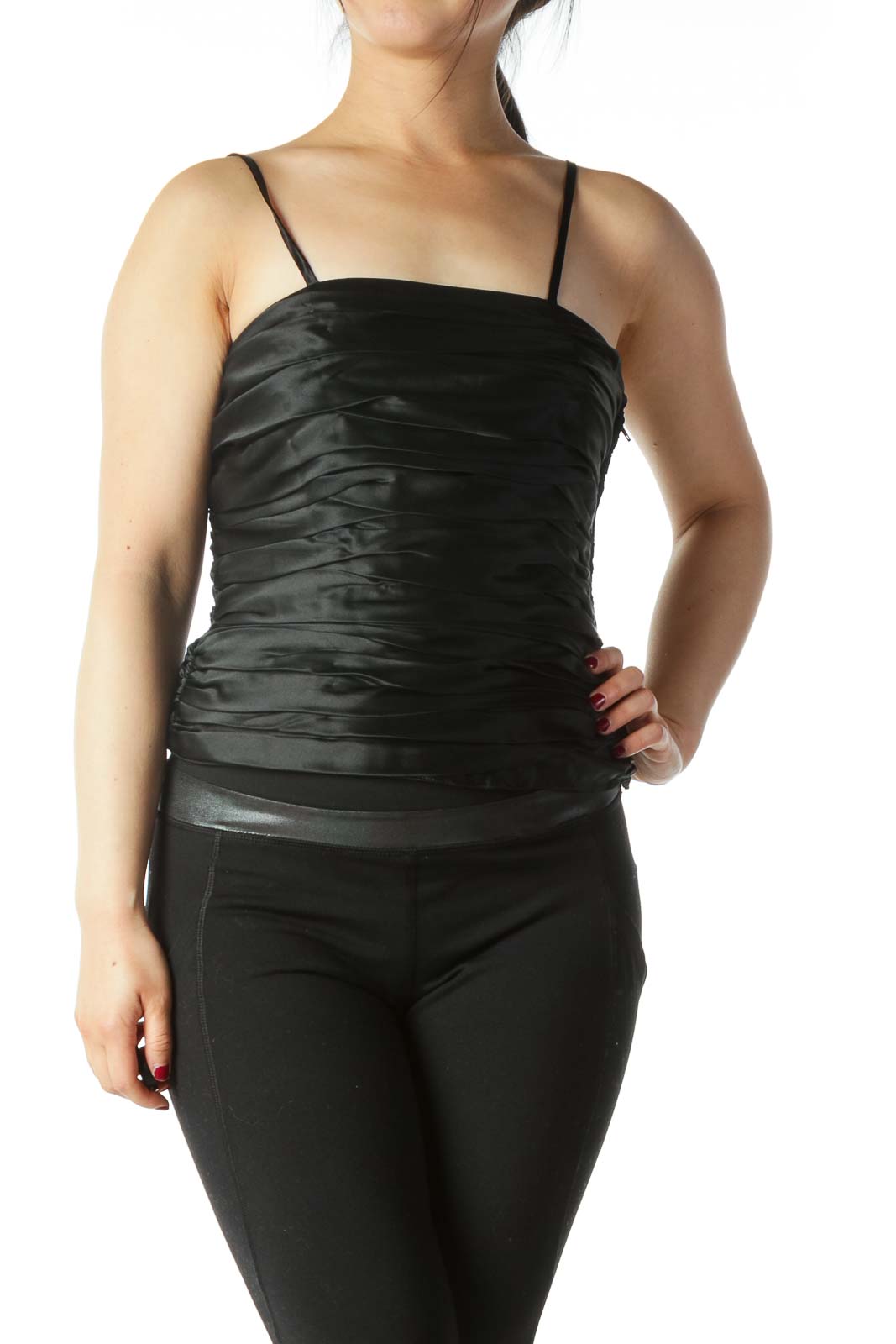 Black Scrunched 100% Silk Tank Front