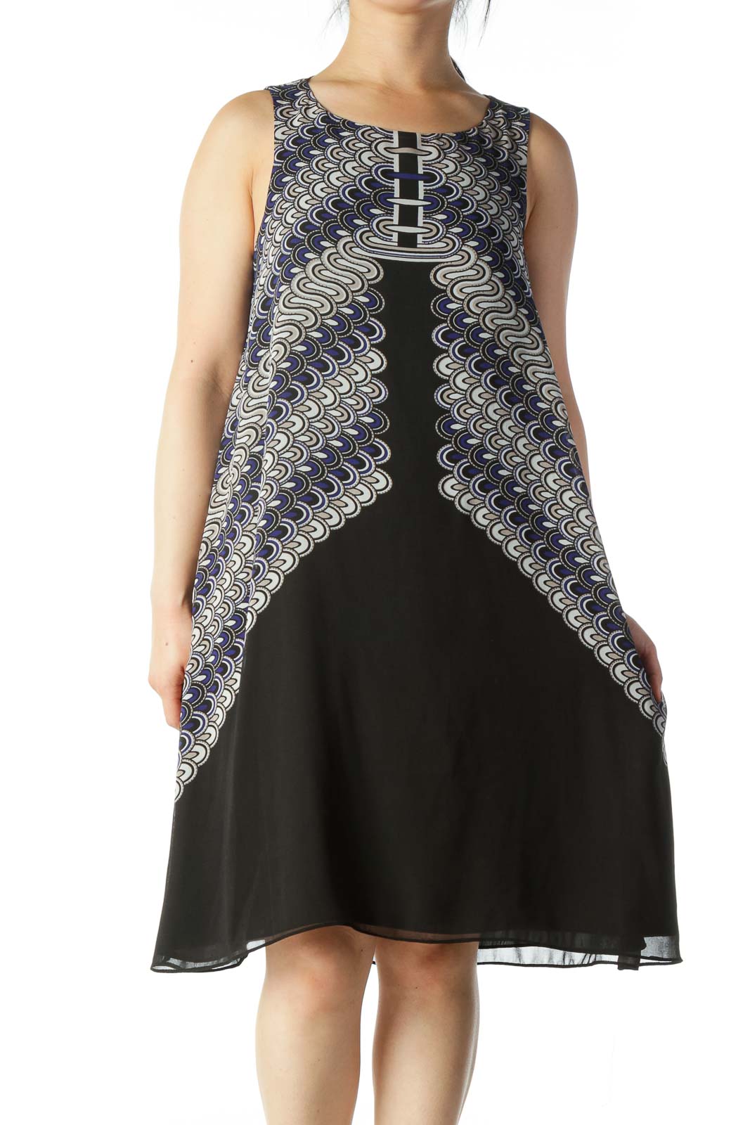 Black and Blue Patterned Sheath Dress  Front