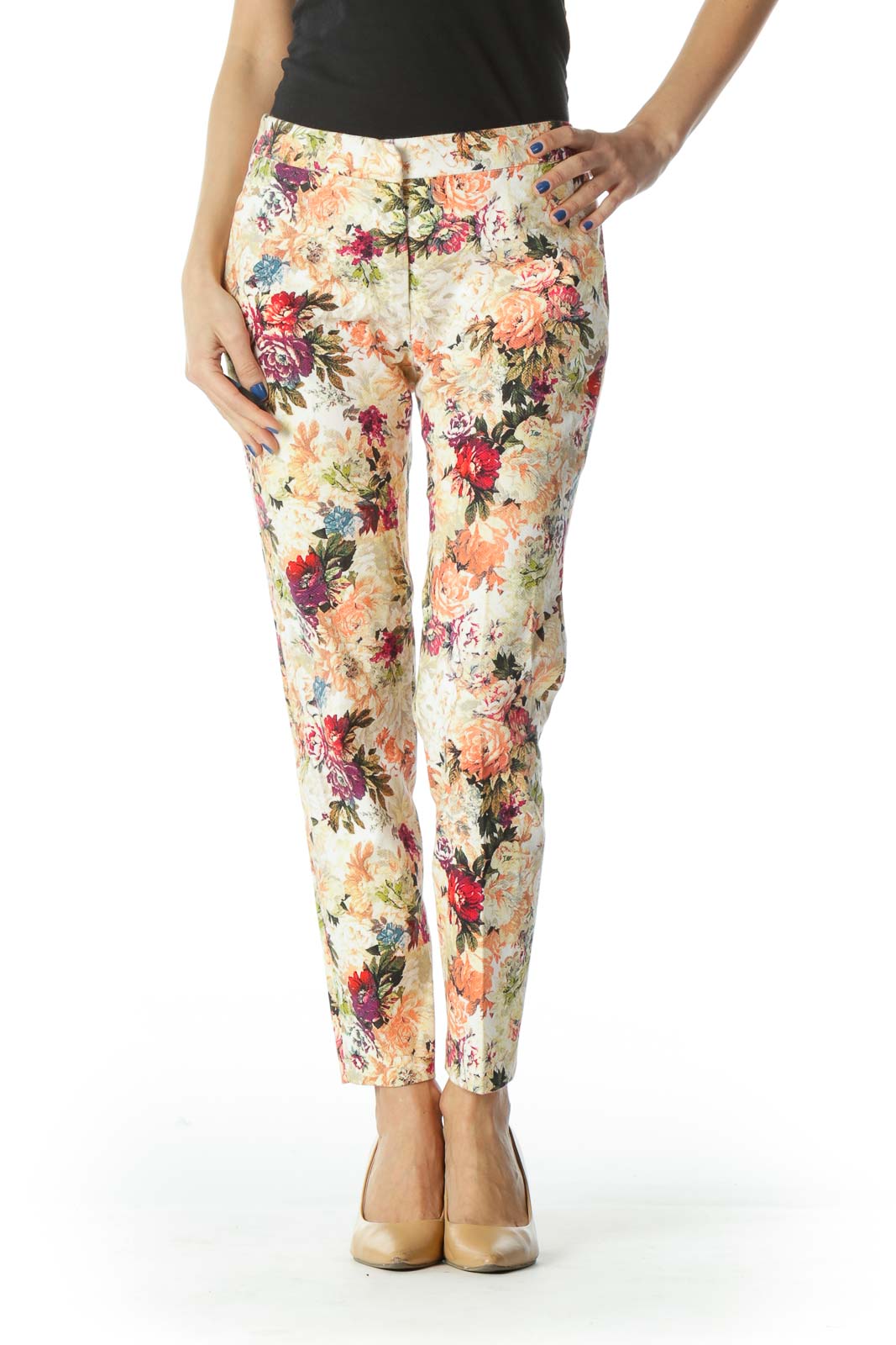 Zara - Floral Ankle-Crop Skinny Pants Elastane Cotton