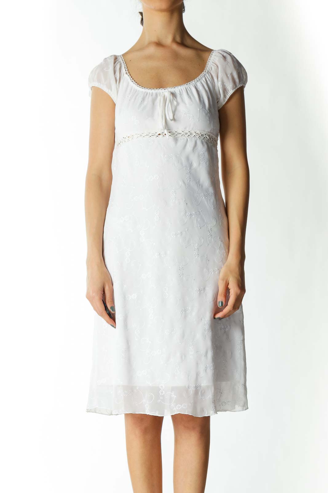 White Eyelet Crocheted Flared Dress Front