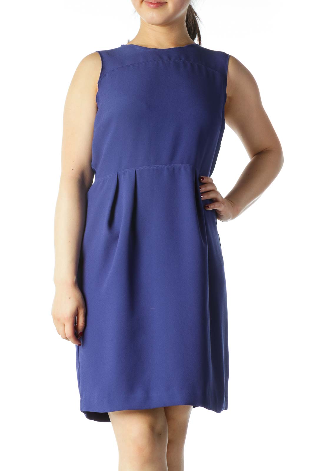 Blue Round Neck A-Line Work Dress Front