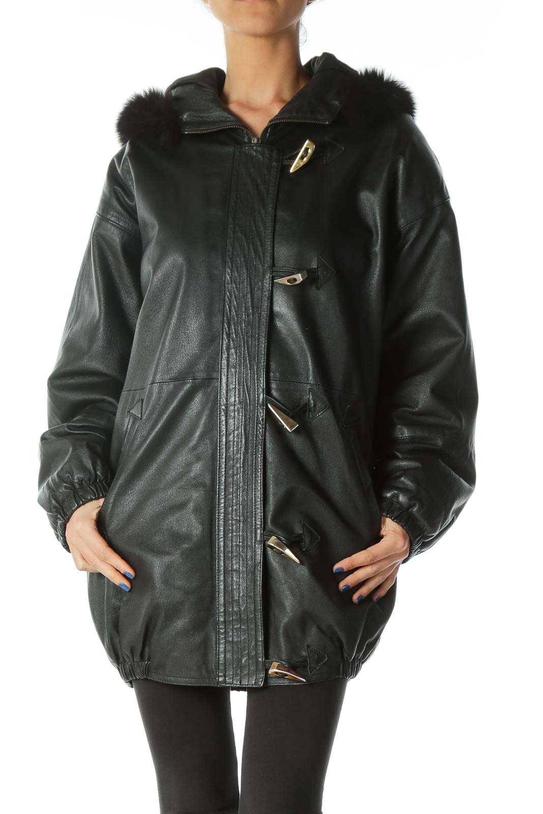 Black Faux Fur Leather Coat Front