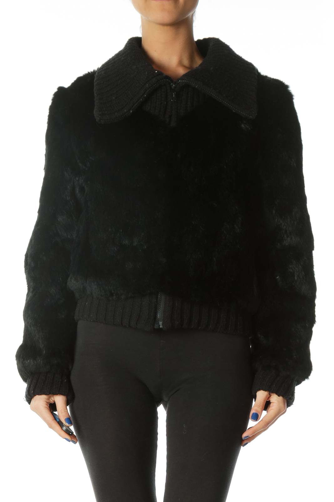 Black Genuine Rabbit Fur Jacket Front