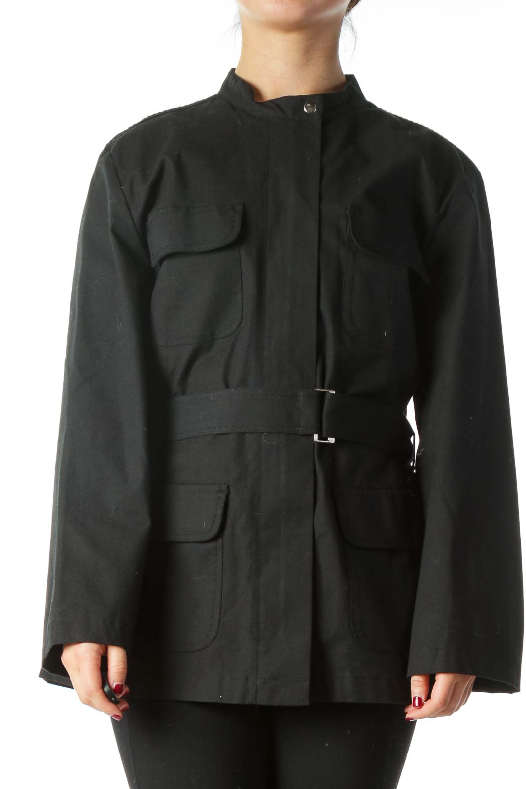 Black Belted Pocketed Fitted Jacket Front