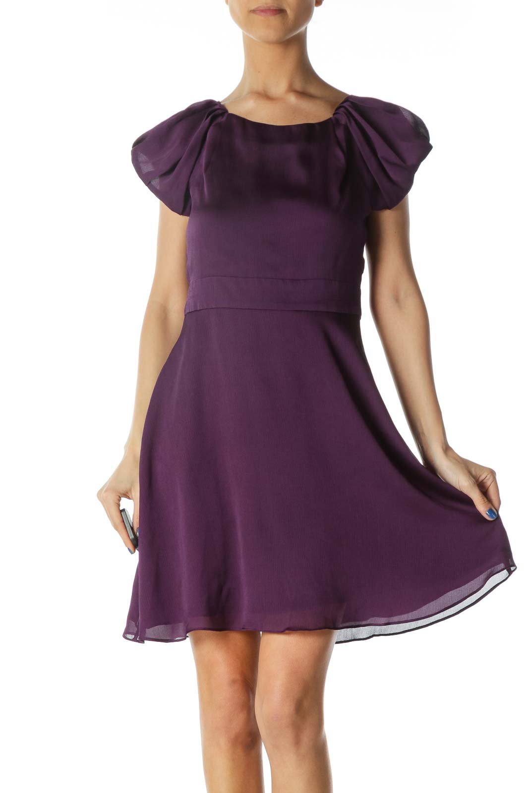 Purple Open-Back Scrunched Cap Sleeves Flared Dress Front