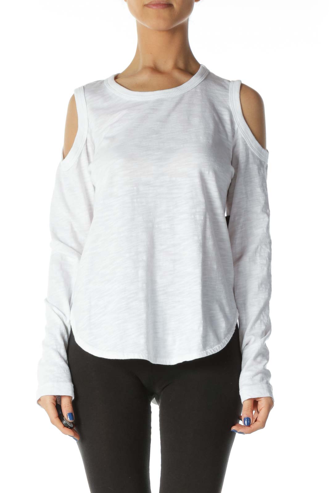 White 100% Cotton Cold-Shoulder High-Low Knit Top Front