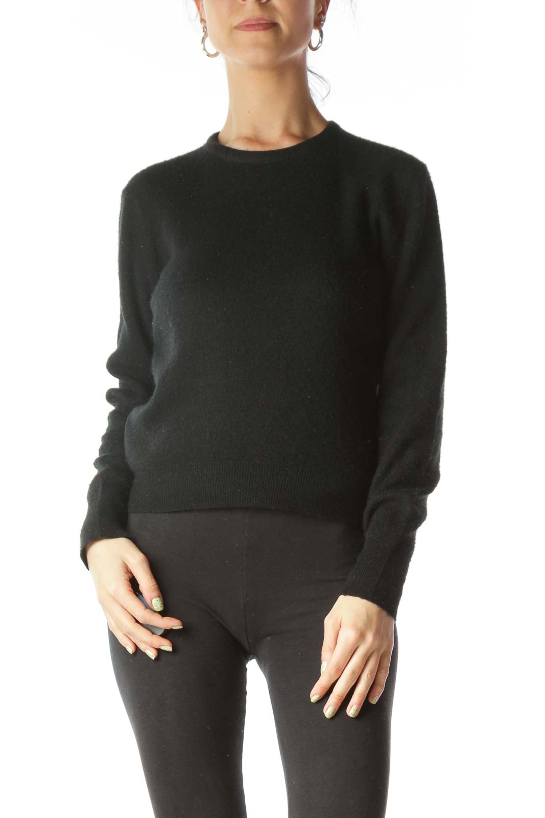 Black Round Neck Long Sleeve Sweater Front