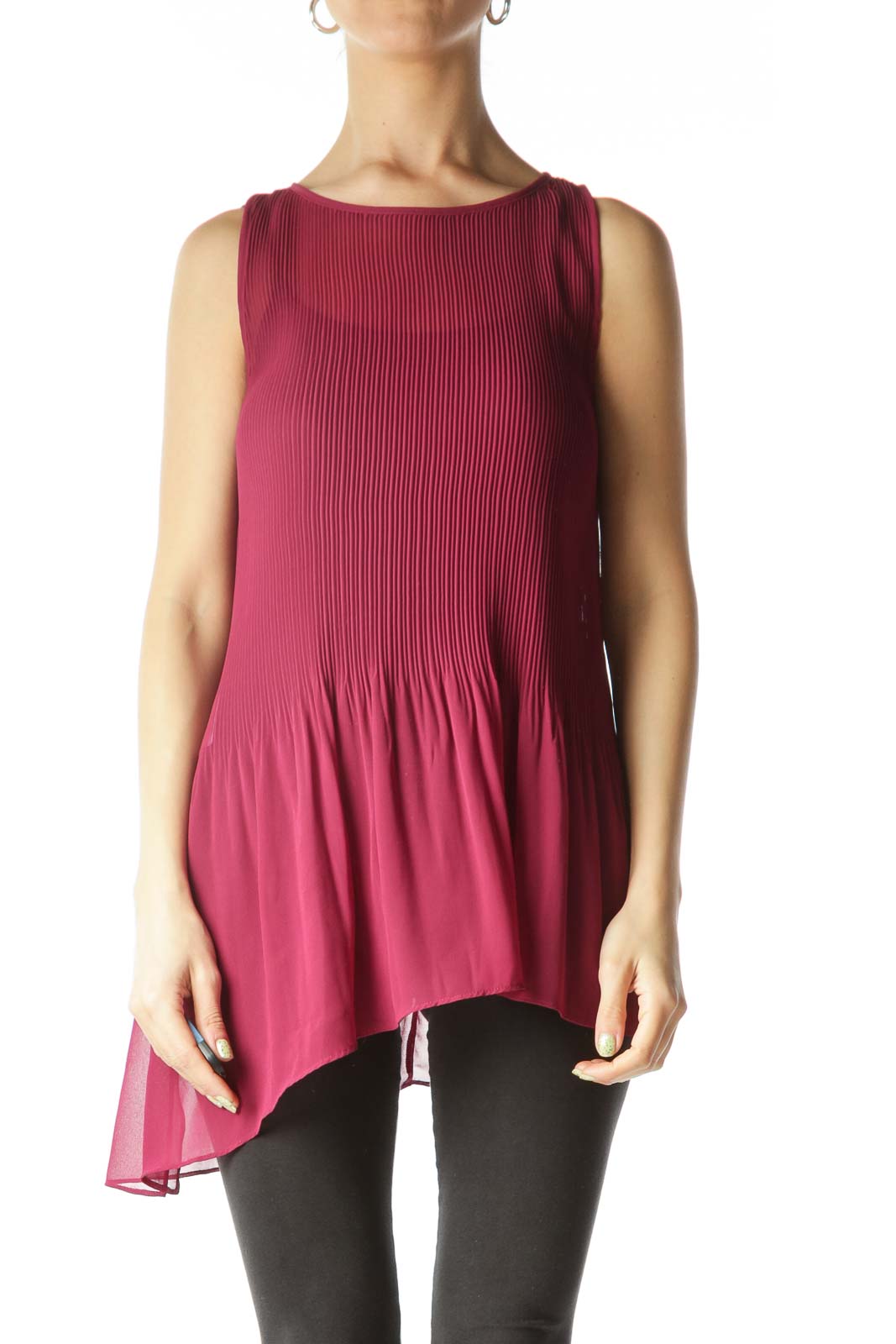 Burgundy See-Through Pleated Flared Top Front