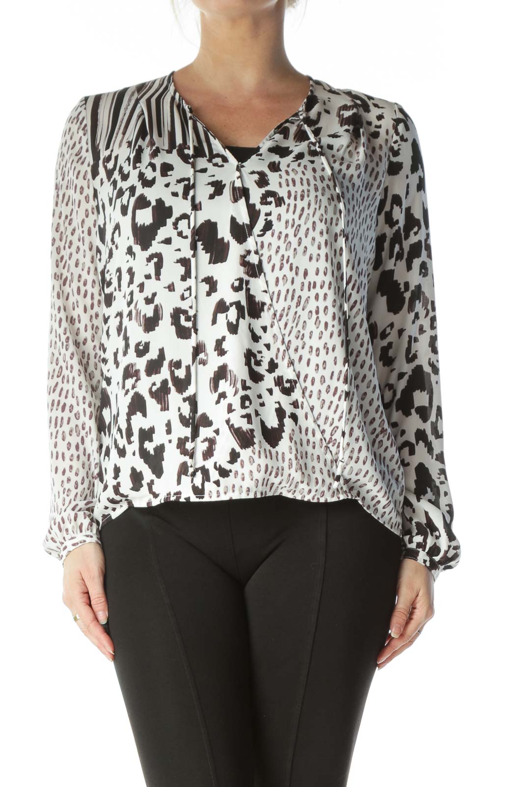 White and Brown Animal-Print Blouse  Front