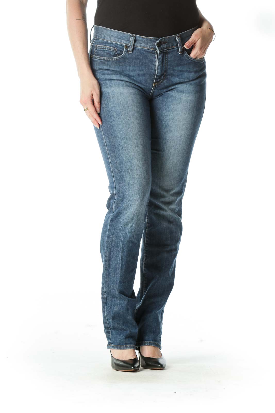 Blue Mid-Rise Medium Wash Boot-Cut Jeans  Front