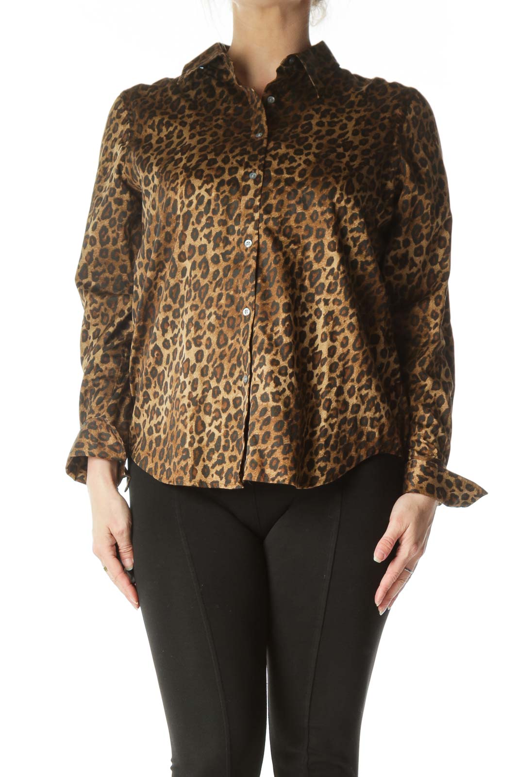 Brown Animal Print Long Sleeve Button Down Front