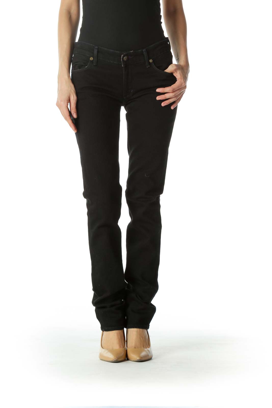 Black Embroidered Skinny Pants Front