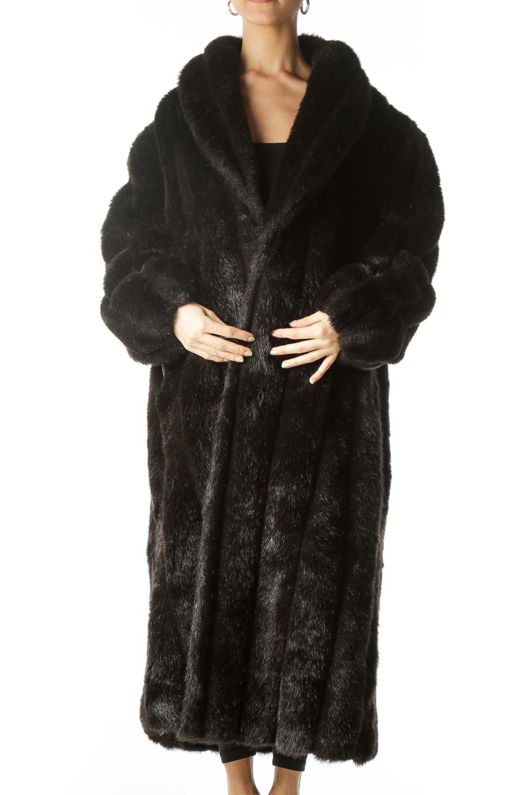 Black Long Faux-Fur Coat Front
