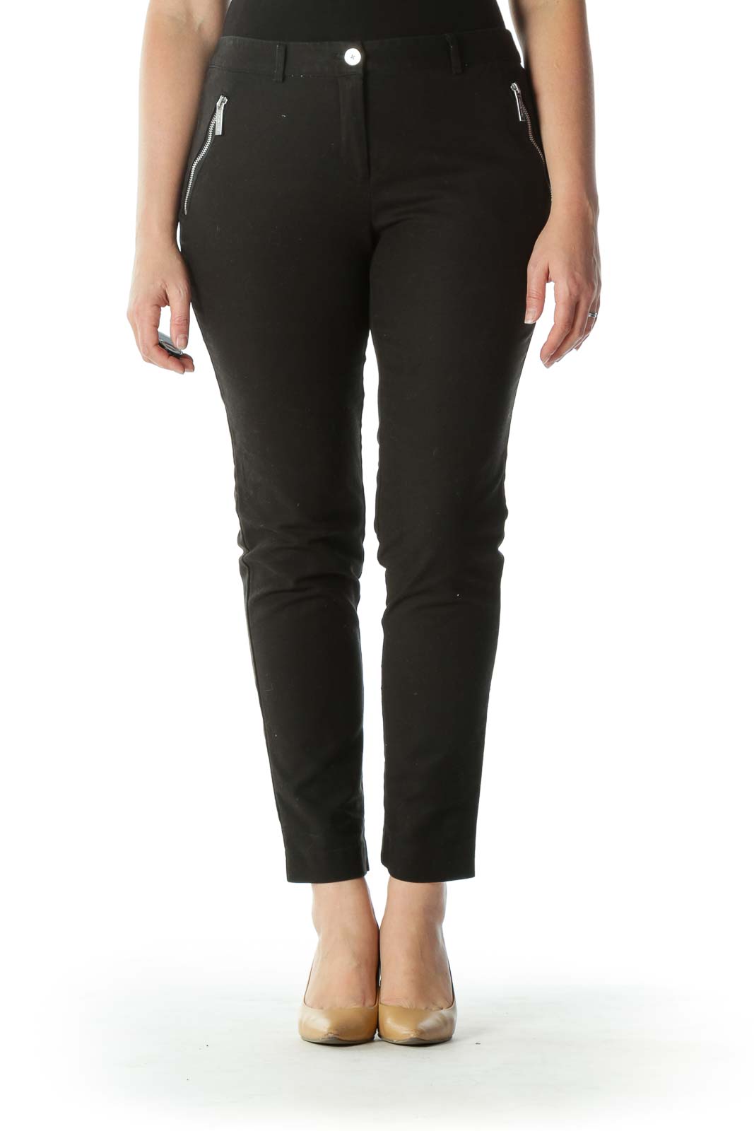 Black Zippered Pocket Slim-Fit Pants Front