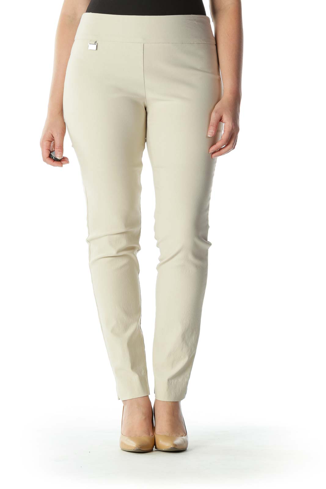 Beige Mid Rise Stretchy Skinny Pants Front