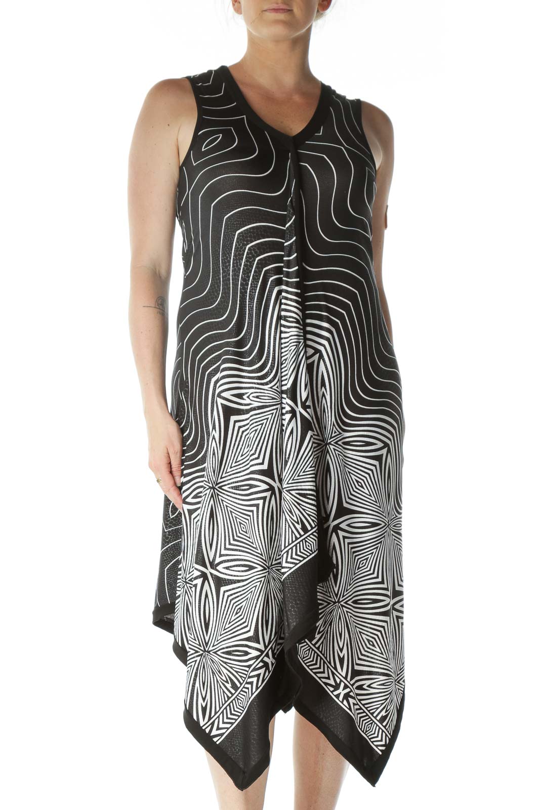 Black and White Abstract-Designed Uneven-Hem Tank Dress Front