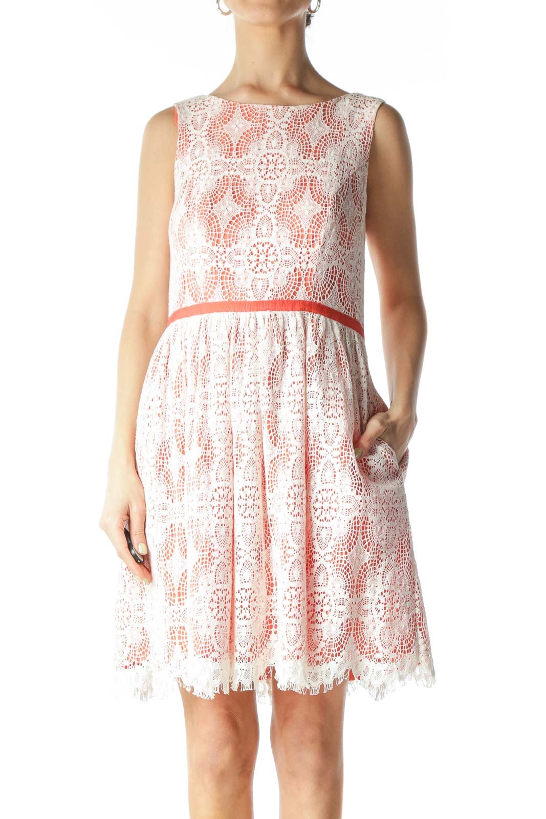 White and Orange Lace-Detail Day Dress  Front
