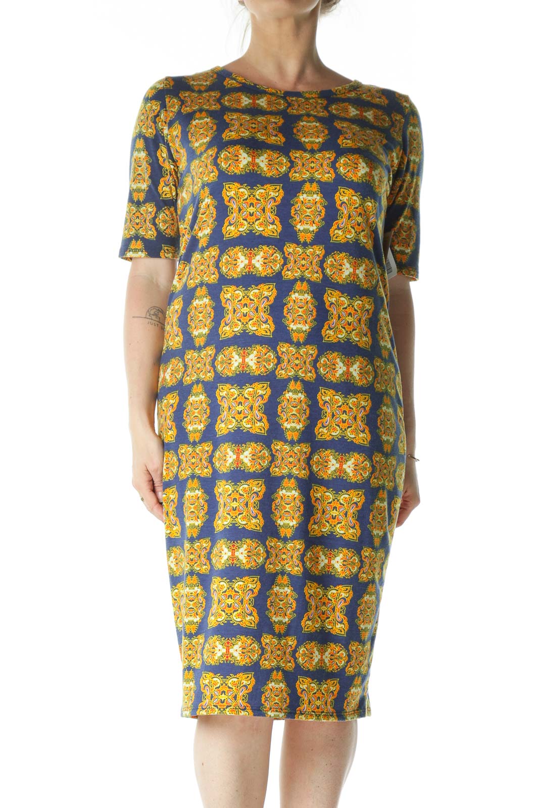Blue and Yellow Printed Midi T-Shirt Dress Front