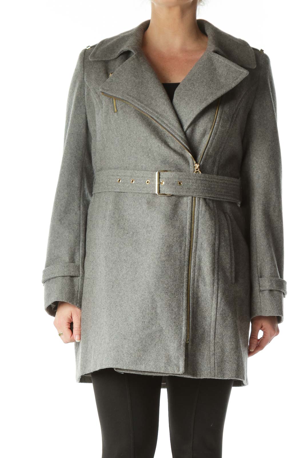 Gray Wool Belted Coat Front