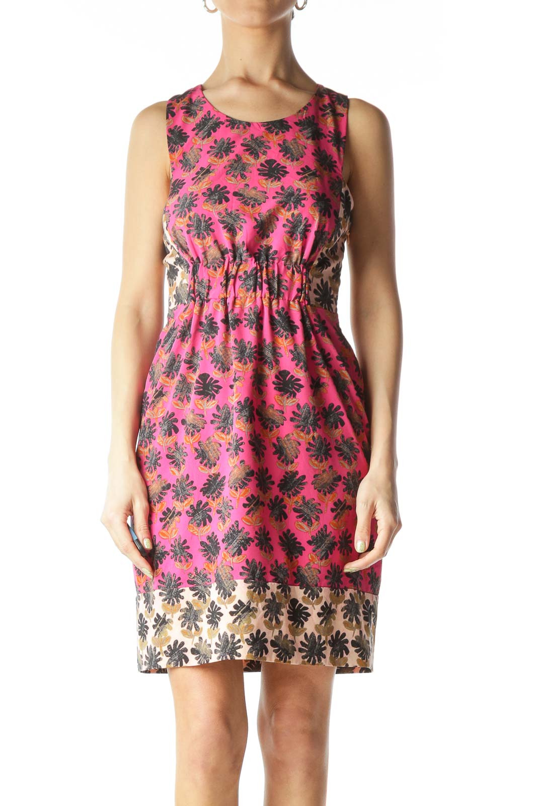 Pink Patterned Cinched Day Dress Front