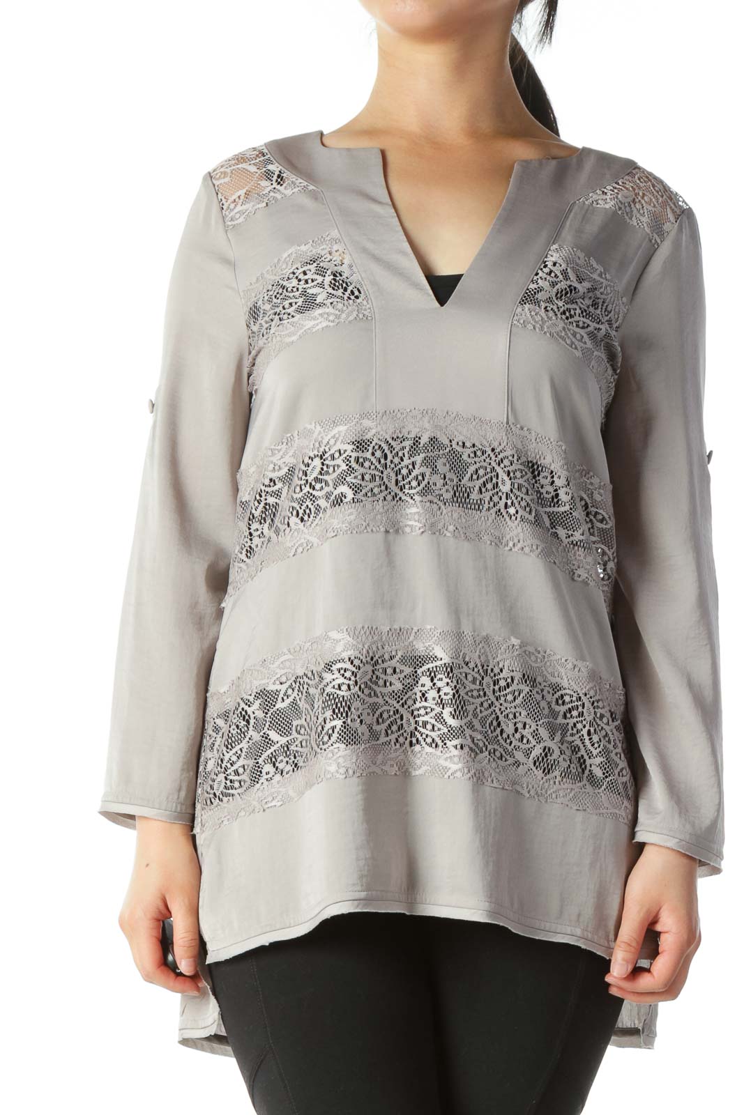 Gray V-Neck Lace See-Trough Accents Blouse Front