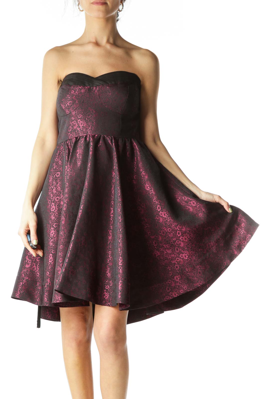 Red Strapless Floral Cocktail Dress Front