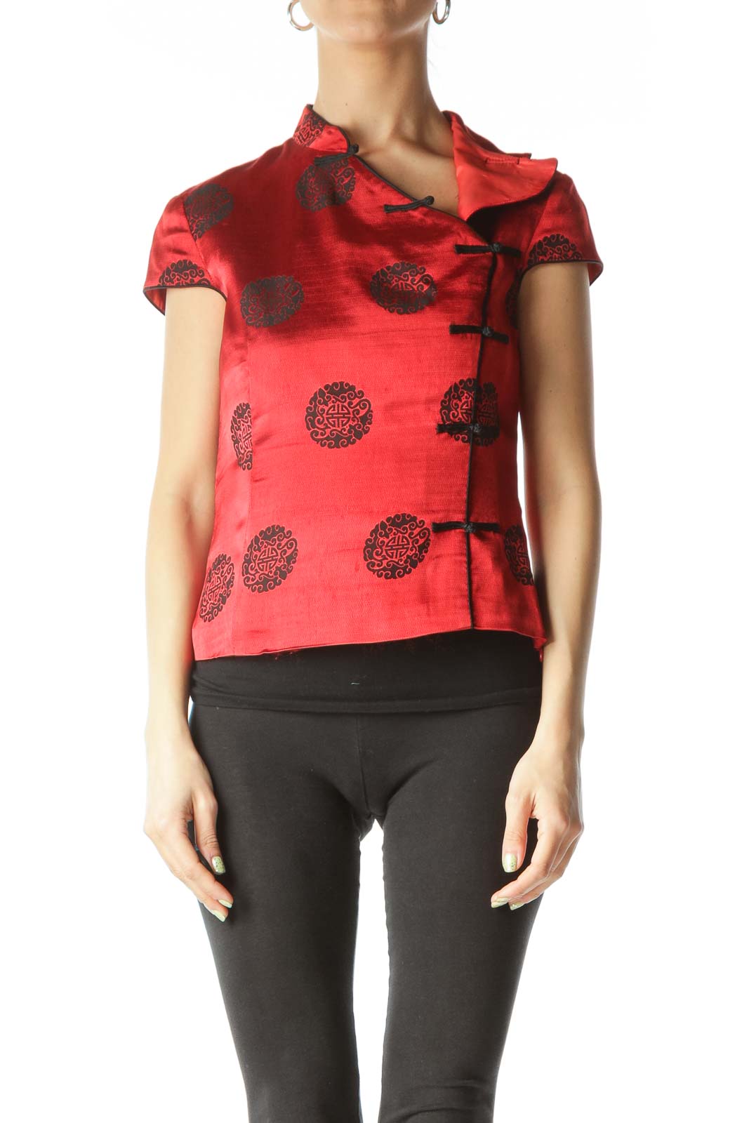 Red Black Shiny Silk Jacquard Knit Qipao Top Front