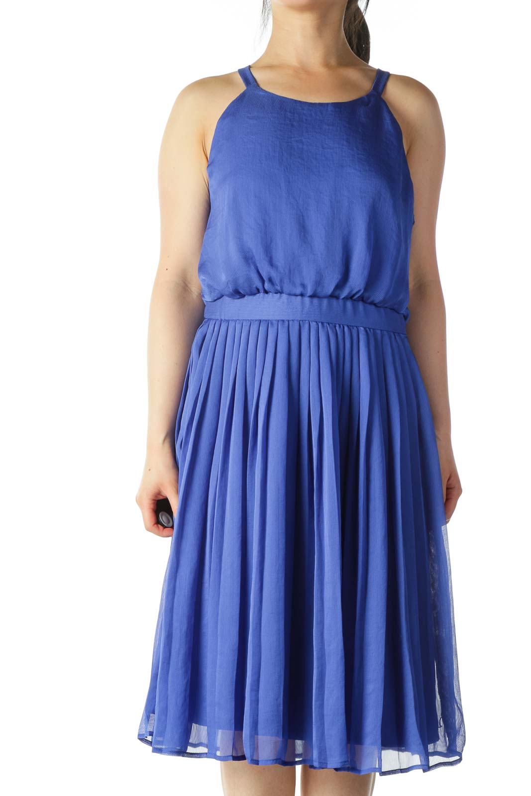 Electric Blue Pleated Textured A-Line Dress Front