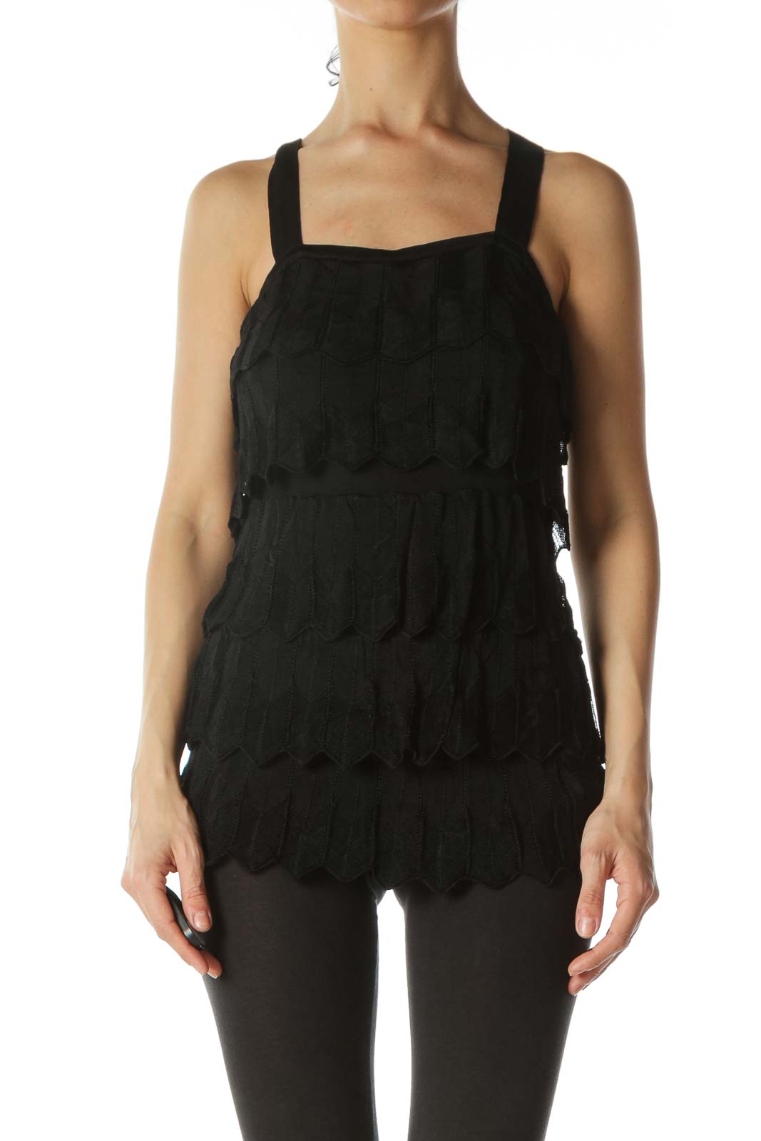 Black Layered Lace Strap Knit Dress Front