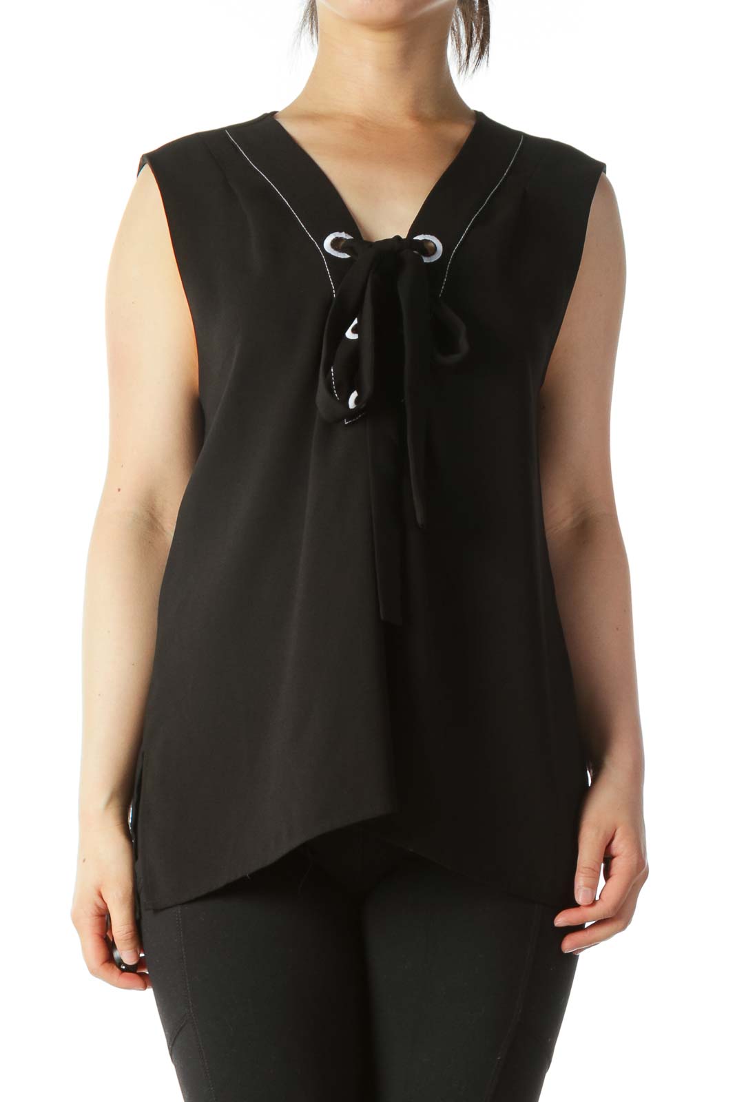 Black White Lace-Up V-Neck Top Front