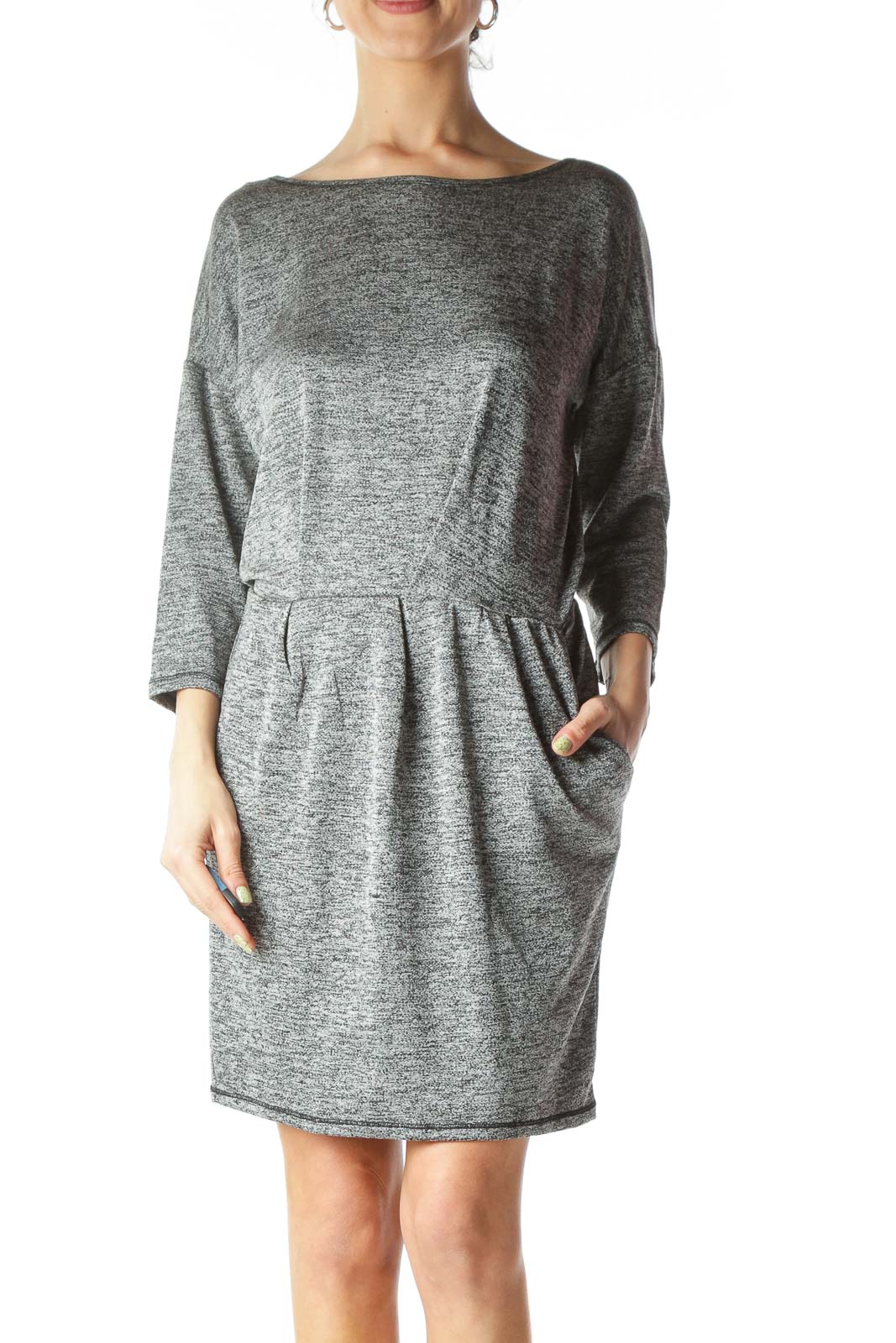 Gray Textured Stretch Pocketed Work Dress Front