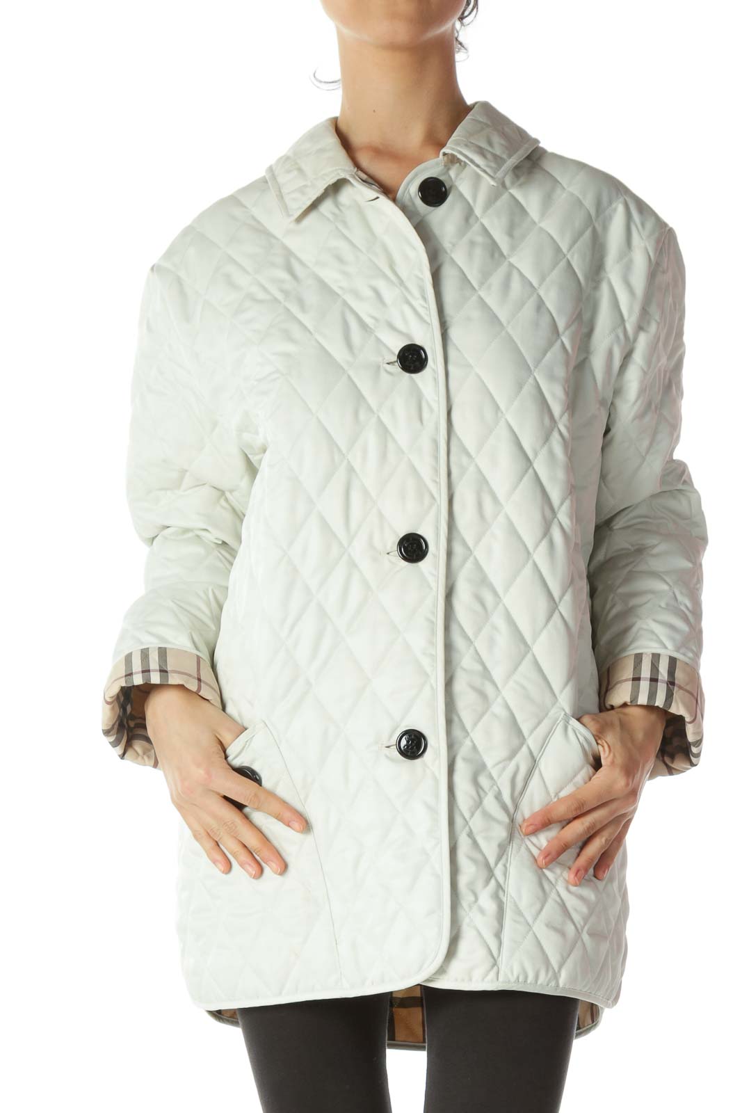 White Quilted Designer Buttoned Coat Front