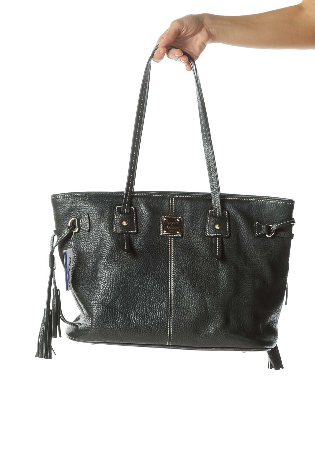 Black Gold Hardware Stitched Tote with Tassels Front