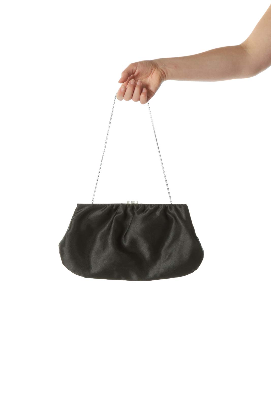 Black Faux-Satin Chain-Strap Snap-Closure Shoulder Bag Front