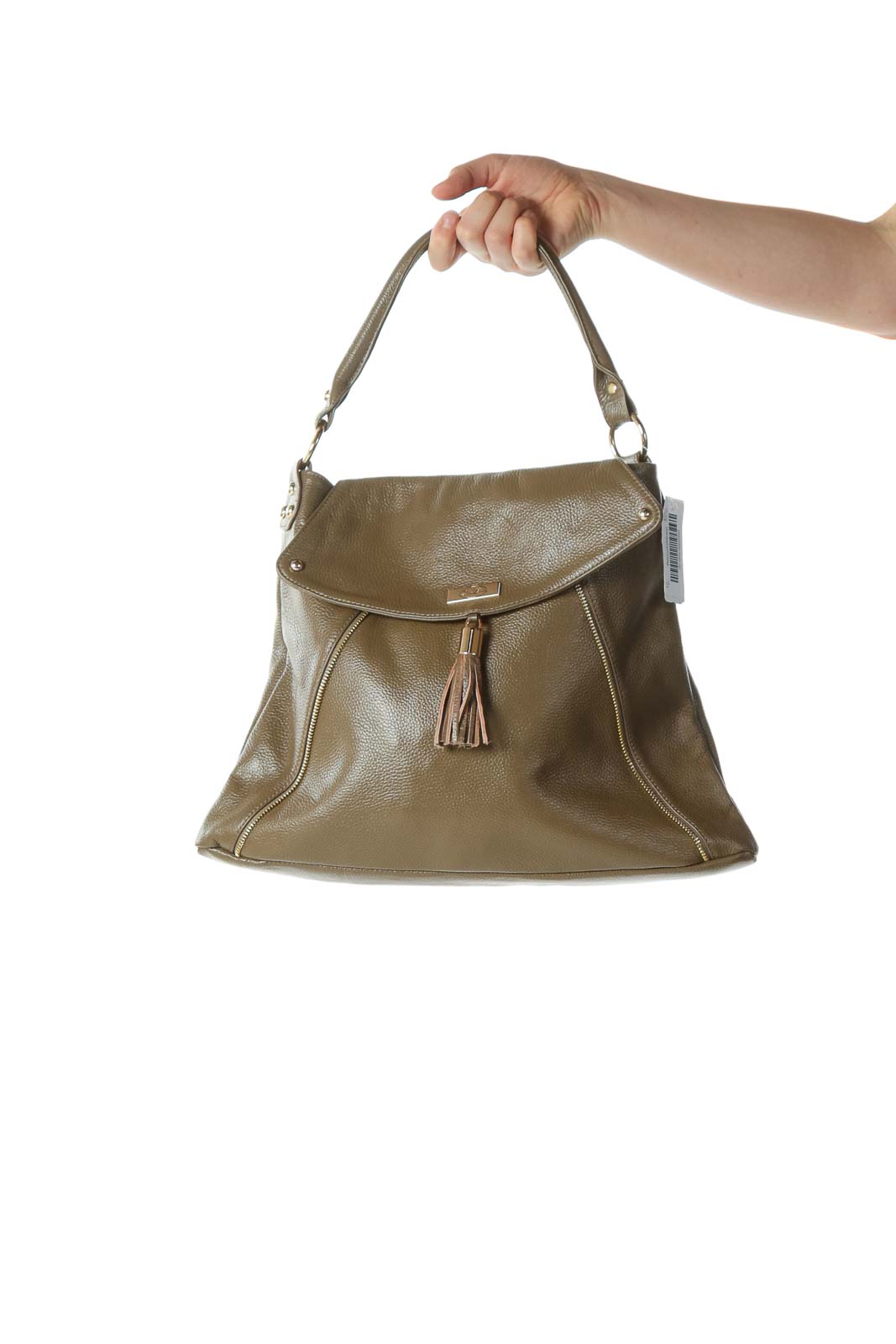 Olive Designer Tassel Shoulder Bag with Zipper and Hardware Embellishments  Front