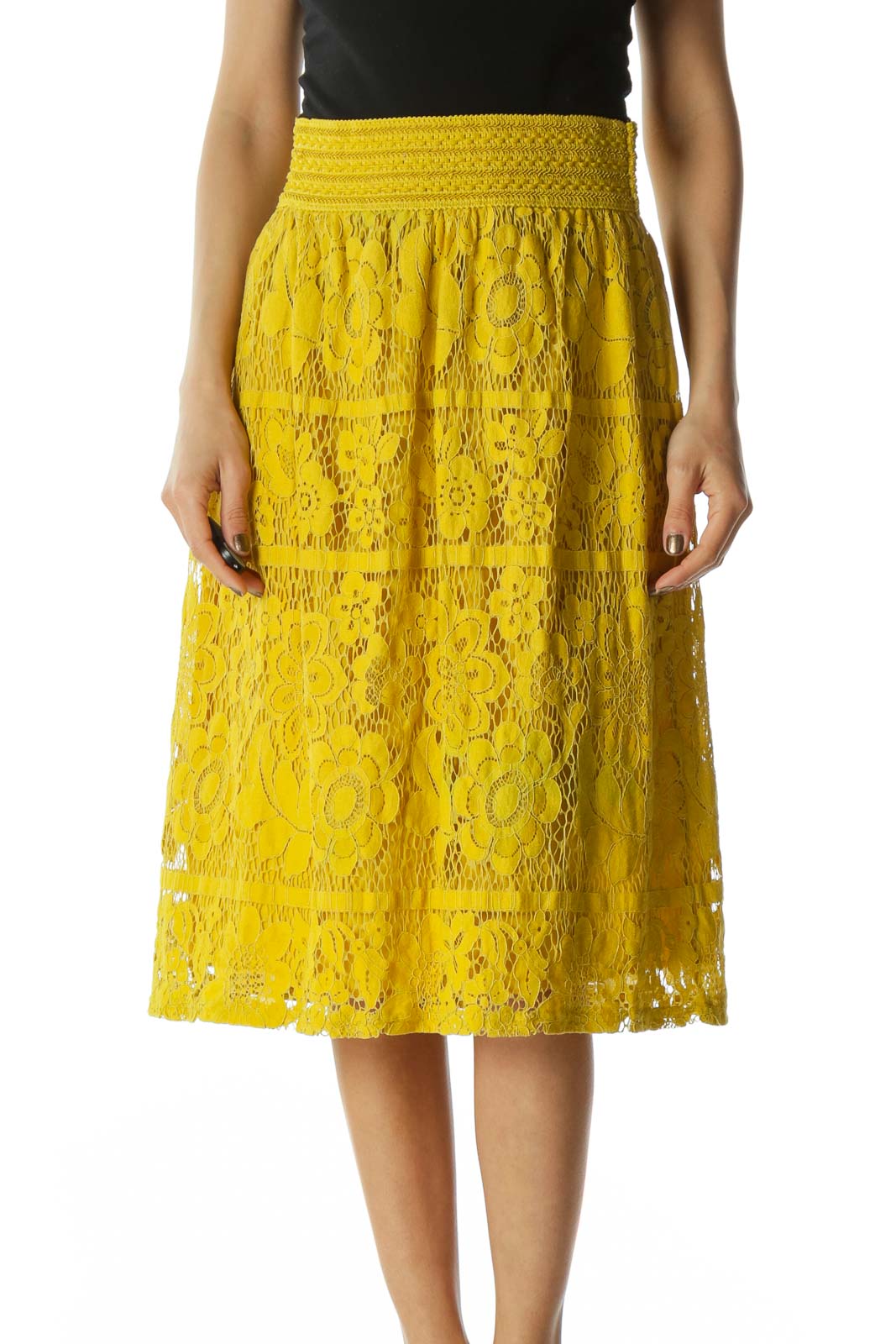 Yellow Crocheted Floral Print Skirt  Front