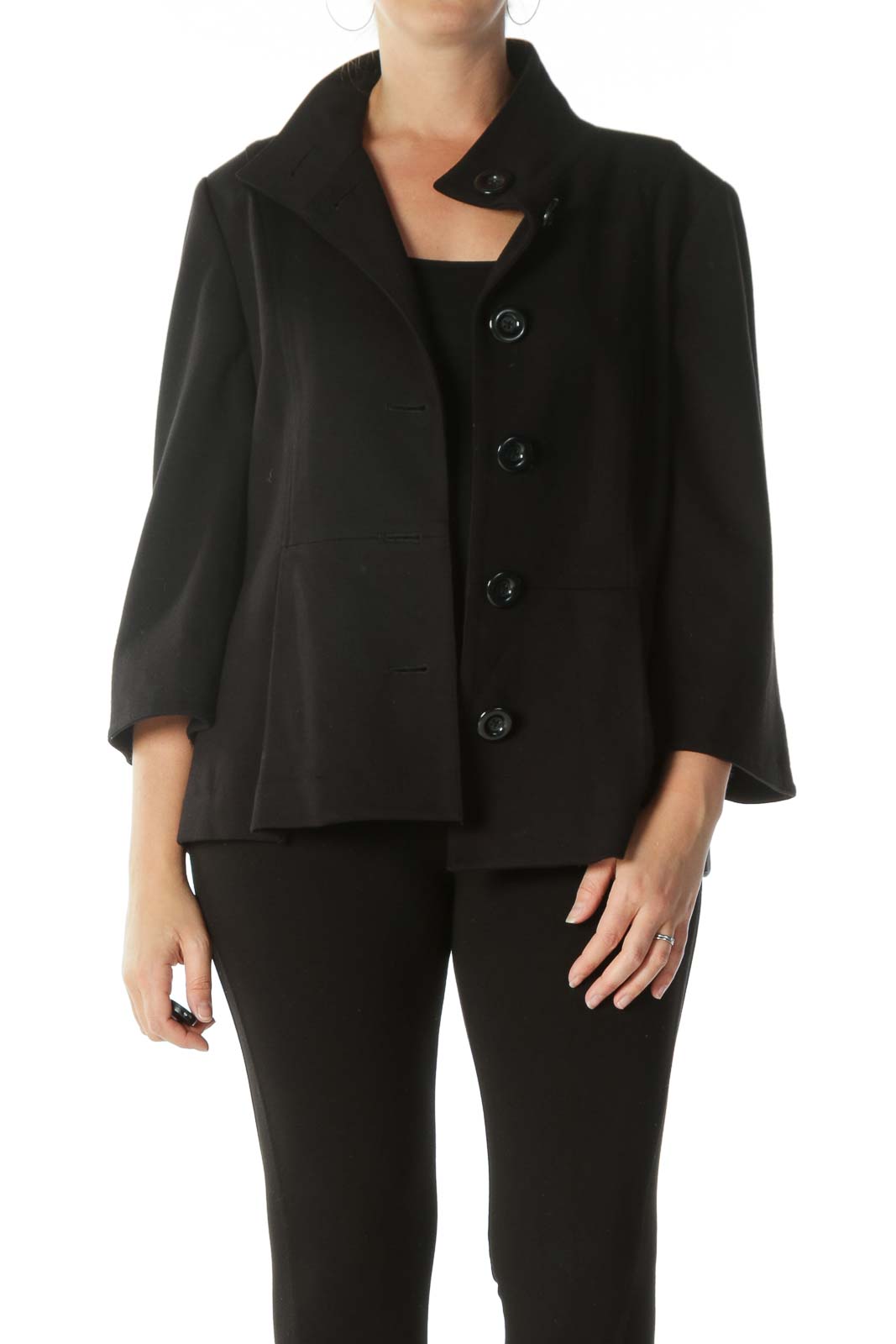 Black Buttoned Pocketed High-Neck Blazer Front