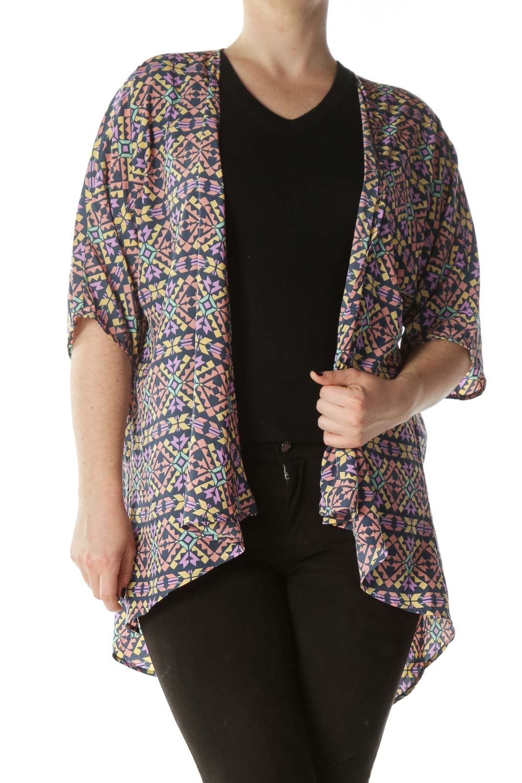 Multicolored Geometric-Print Kimono Front