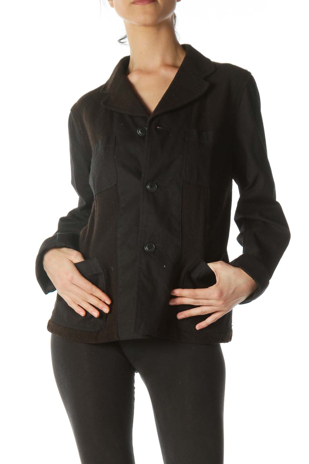 Black Tweed Pocketed Mixed-Media Jacket Front