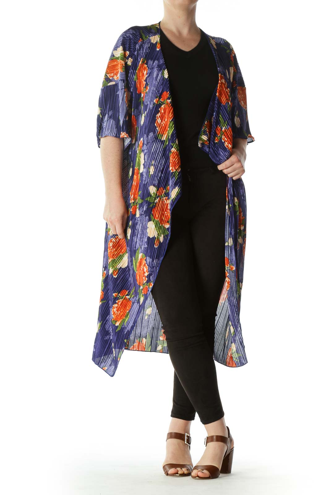 Blue Green Orange Pleated Floral-Print Cardigan Front