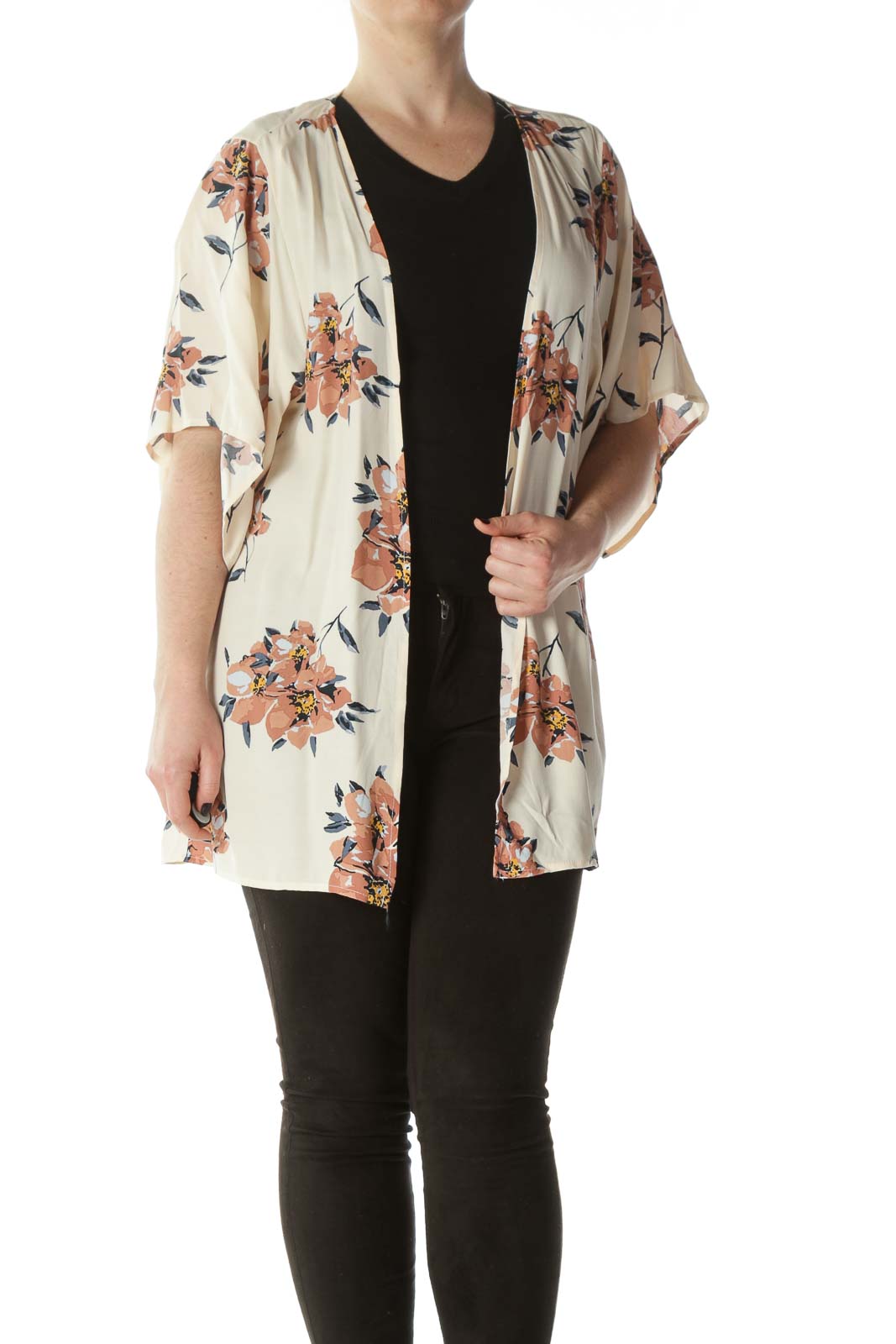Light Pink and Navy Floral Kimono Front