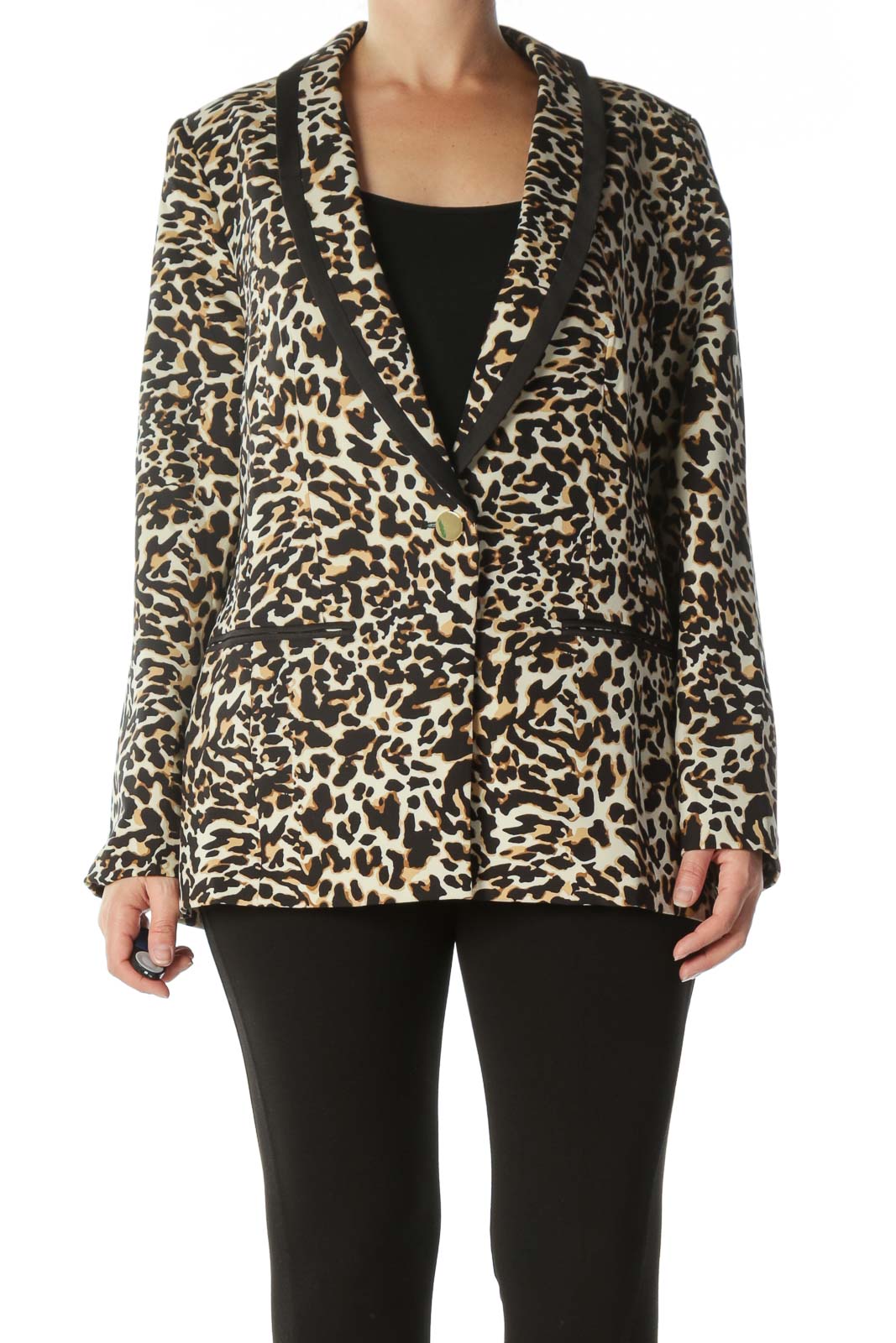 Black Brown Beige Leopard-Print Golden-Button Blazer Front
