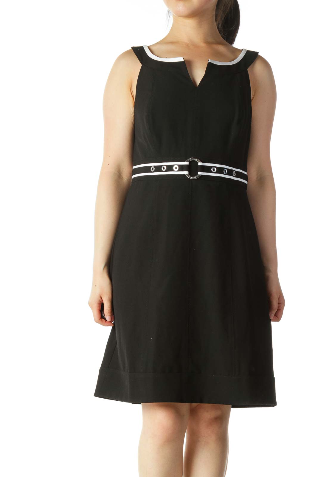 Black White Built-In Belt Work Dress Front