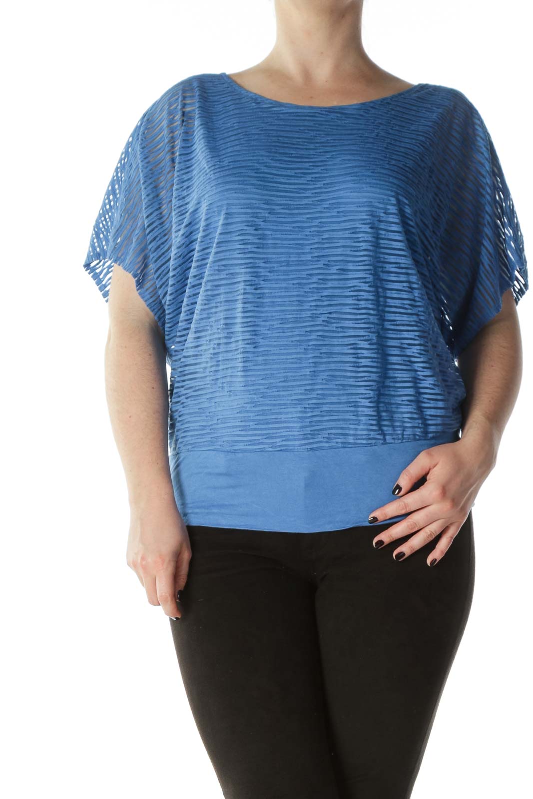 Blue Striped Translucent Over-Sized Bat-Sleeve Tee Front