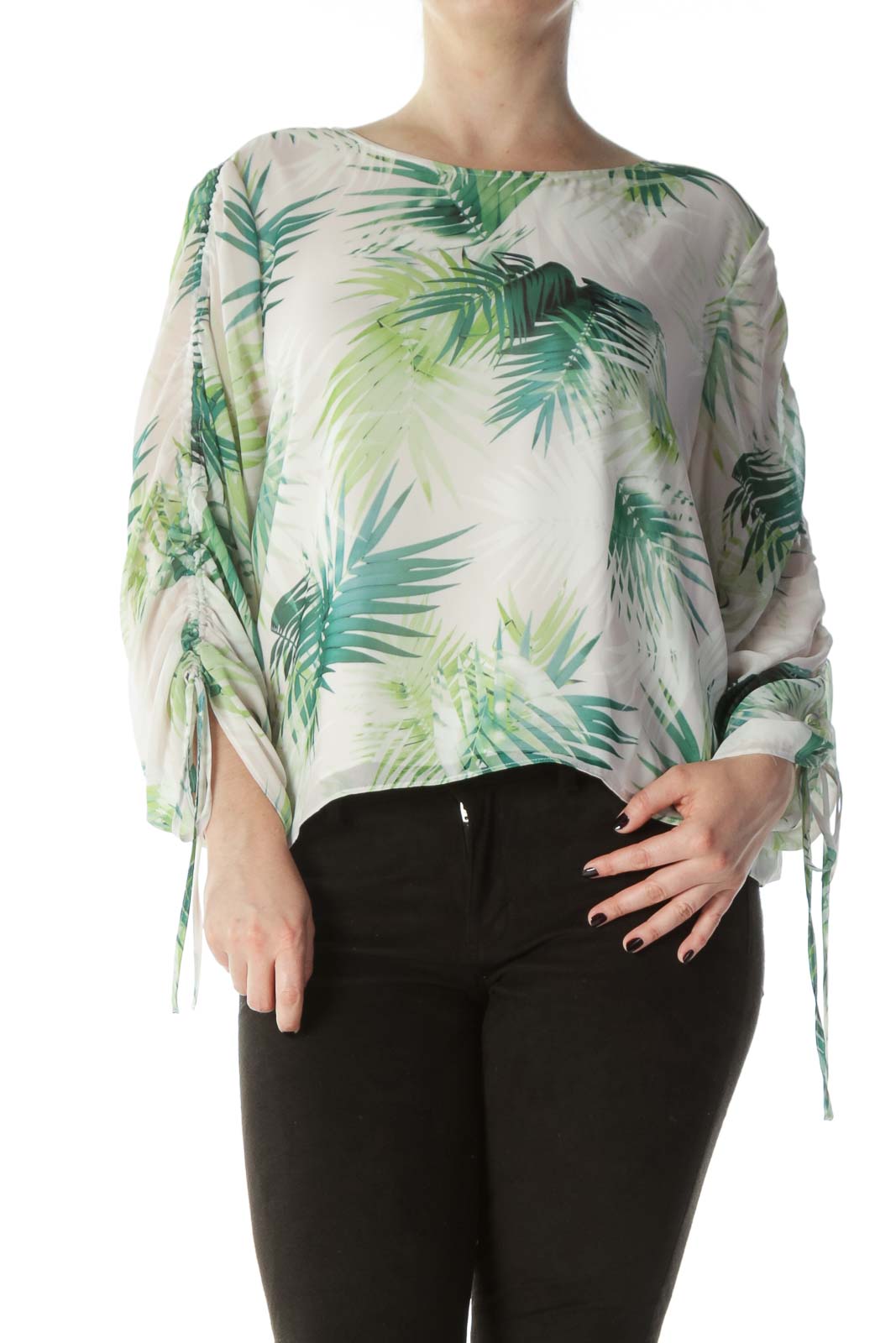Green and White Tropical Print Blouse with Sleeve Drawstring Detail  Front