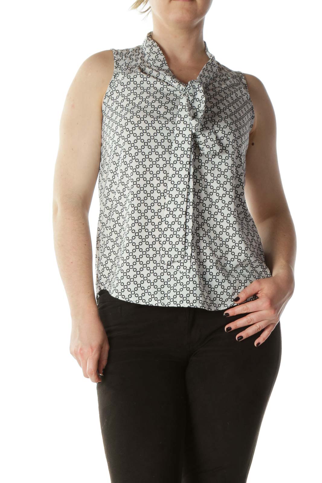 White and Black Chain Patterned Sleeveless Blouse with Neck-Tie Front