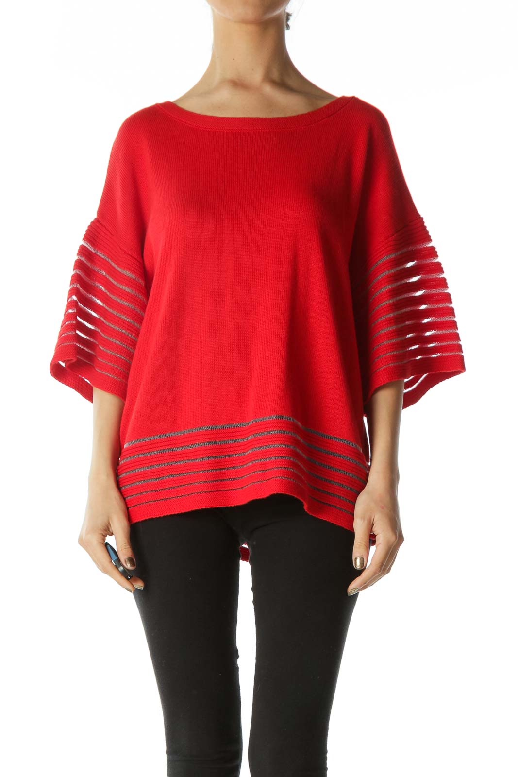Bright Red Over-Sized Short-Sleeve Knit With Lace Contrast on Hem Front